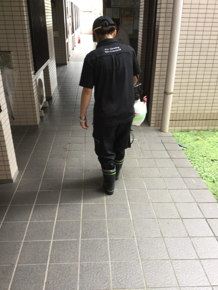 共用部廊下を洗浄と消毒