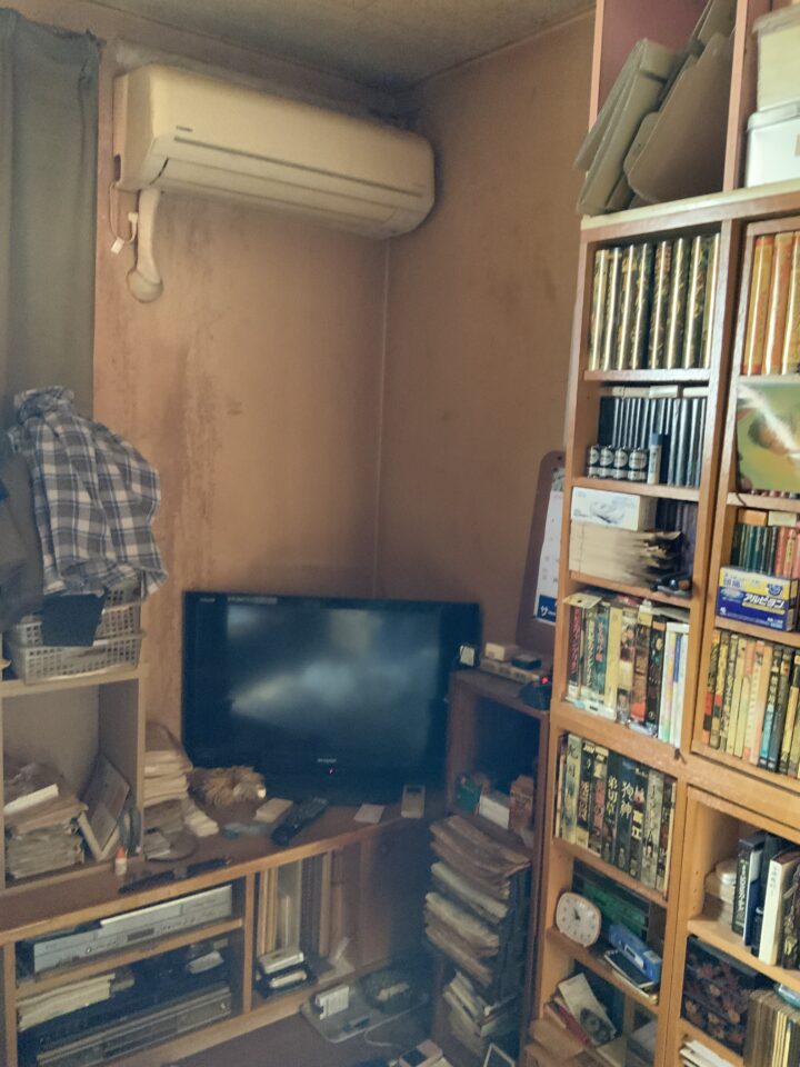モノ屋敷状態の部屋内、棚には細かいものが所狭しと詰められた状態