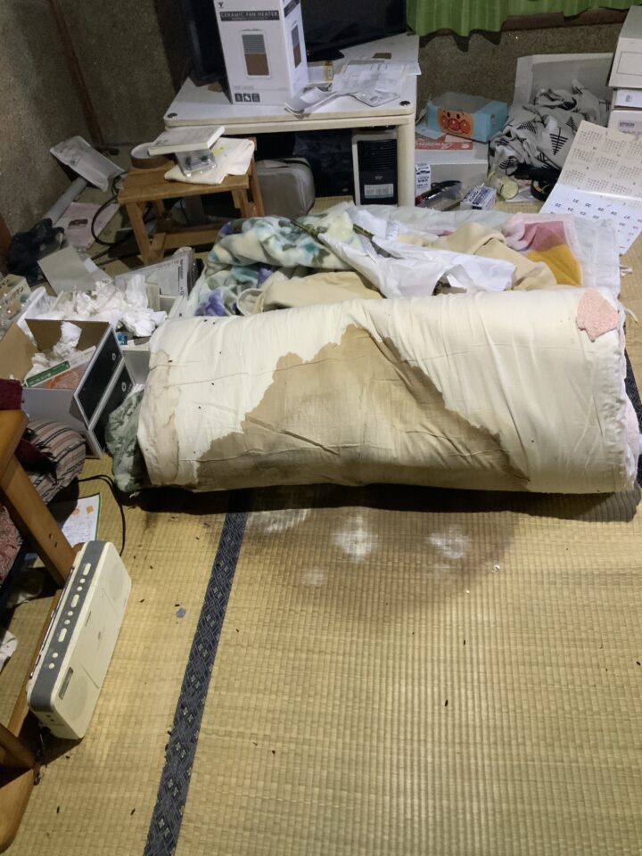 布団をめくりタタミへの浸透を確かめる様子