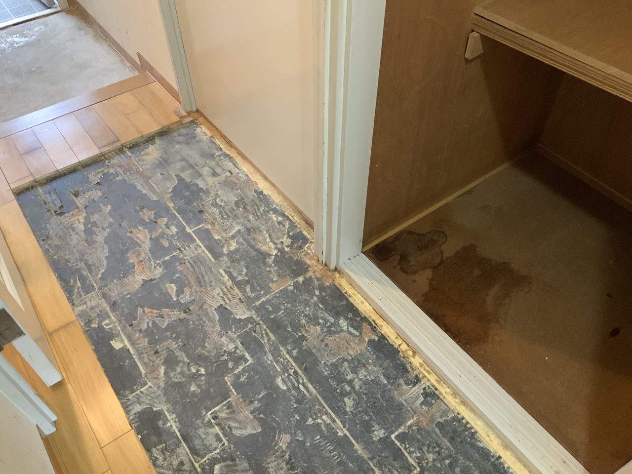 体液が浸透した通路の床の部分解体作業