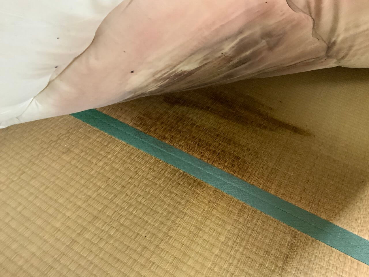石岡市の孤独死の特殊清掃現場の布団を持ち上げてタタミへの浸透具合を確認している様子